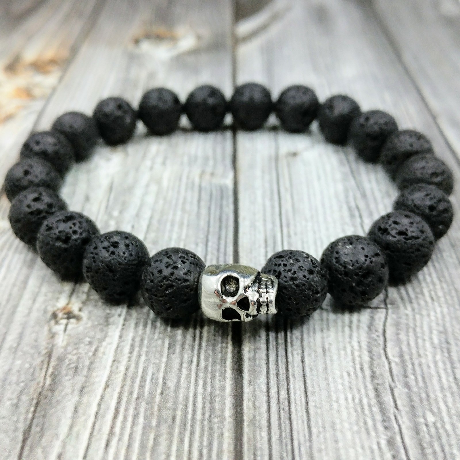 HIP 8″L 💀10mm Black Lava Gemstone Beaded Silver Plated Skull Unisex Bracelet