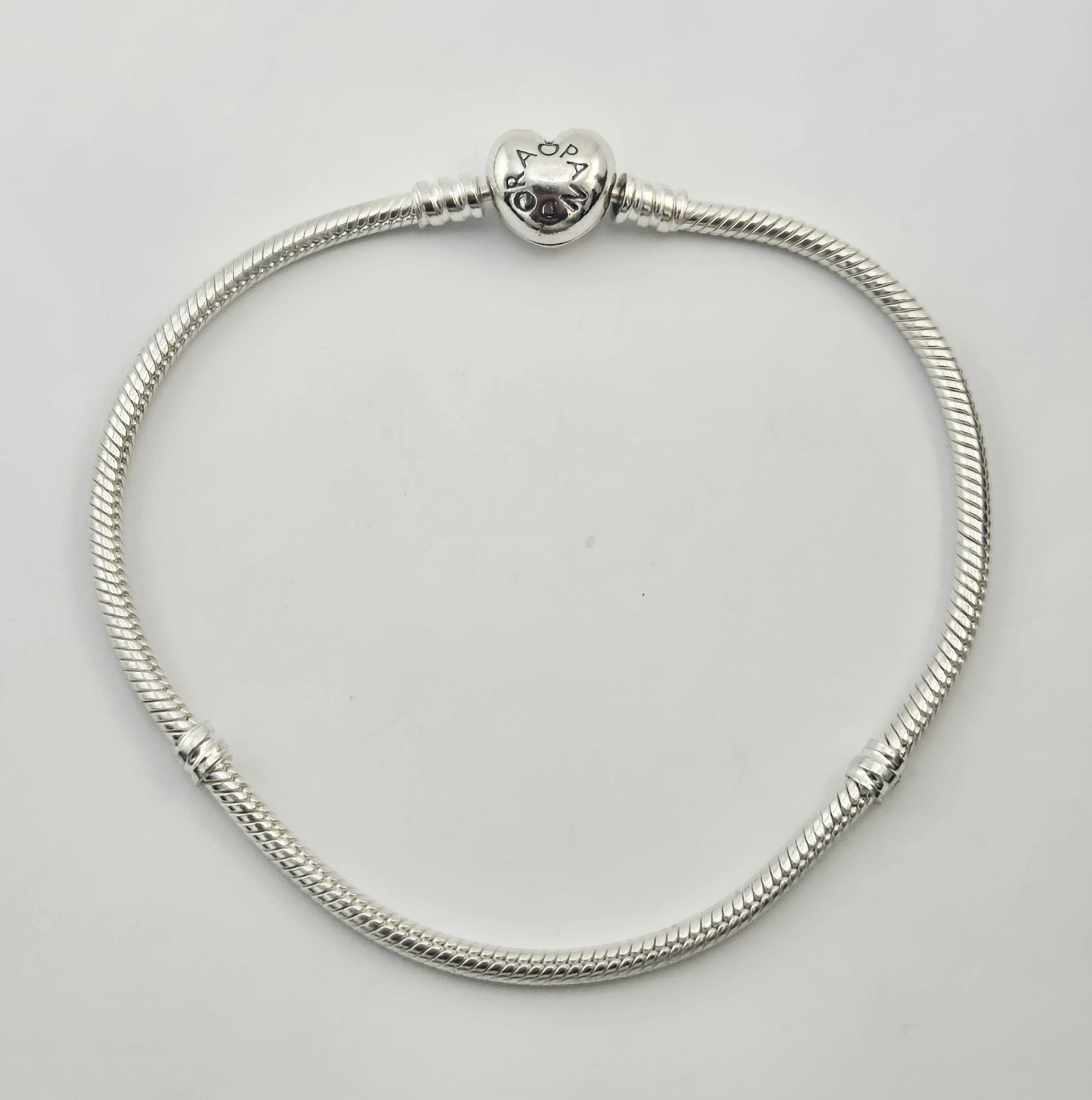 Pandora Moments Sterling Silver Snake Chain Heart Clasp Charm Bracelet 9″ – 17g