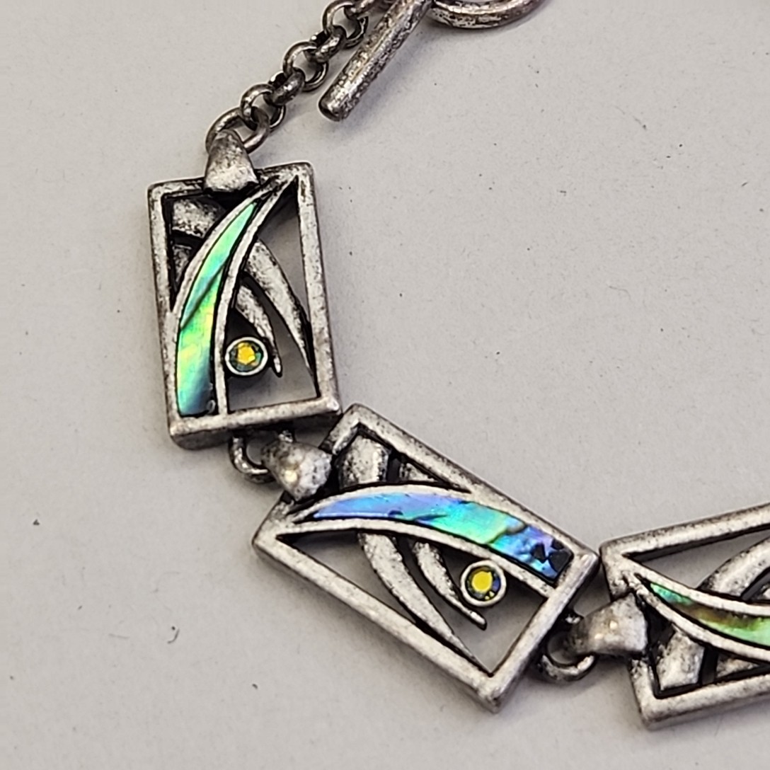 Abalone Bracelet Rectangle Linked Antiqued Silver Tone Toggle 7″