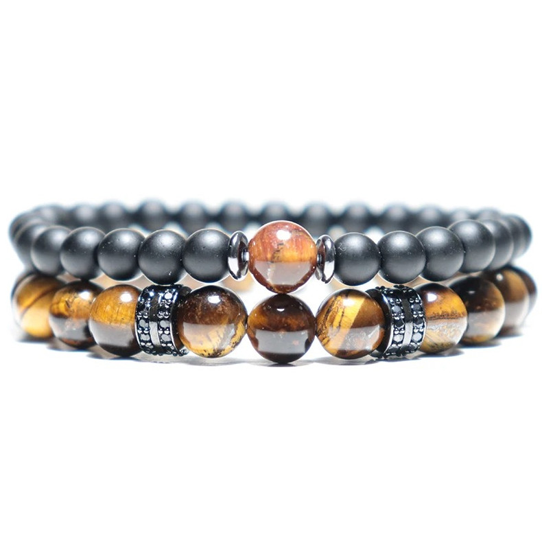 2pcs Men’s Tiger Eye Beaded Bracelets Set Luxury Zirconia Strand Jewelry Gift