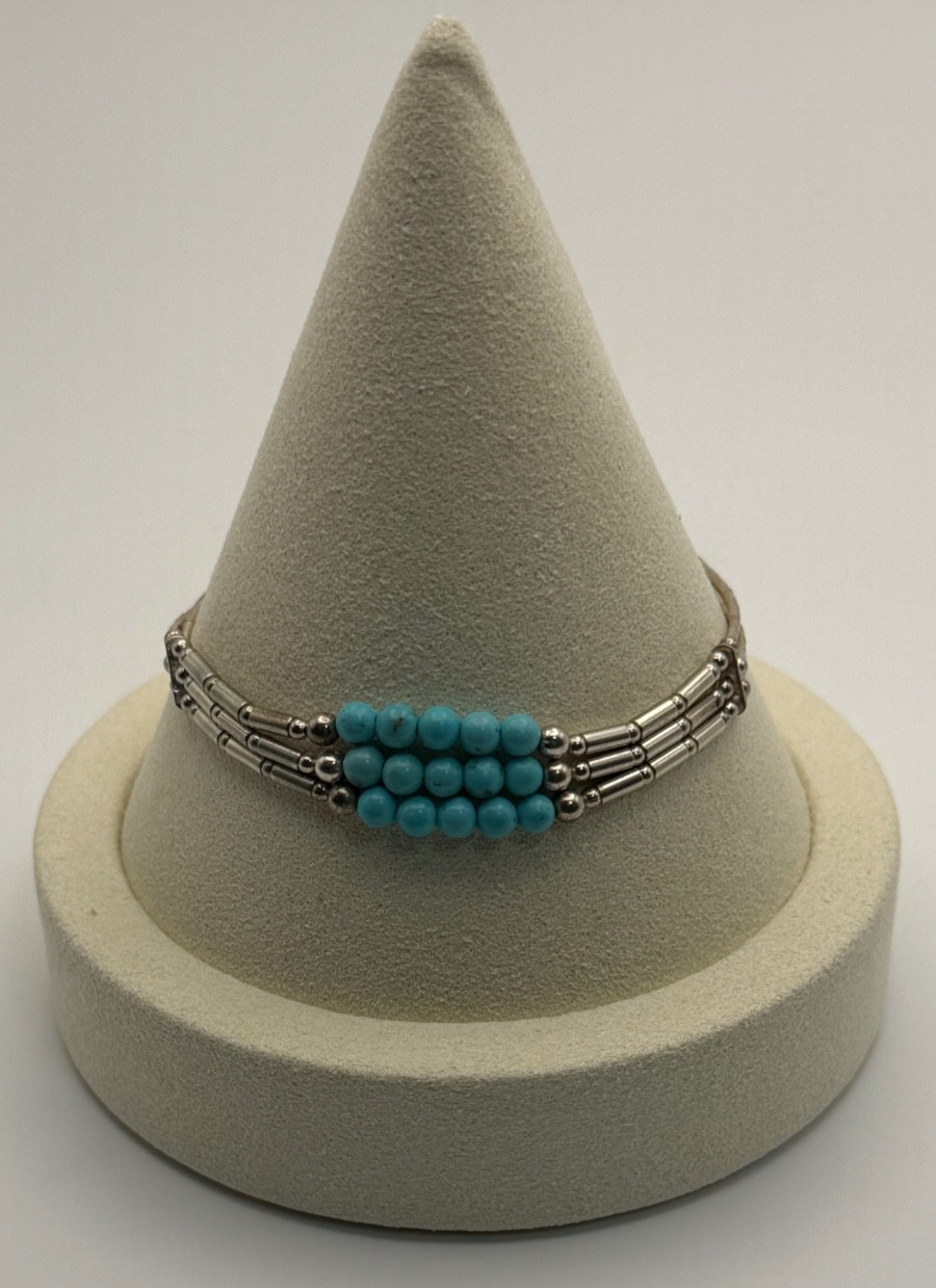 Native American Blue Turquoise Sterling Liquid Silver Tube 7″ Bracelet