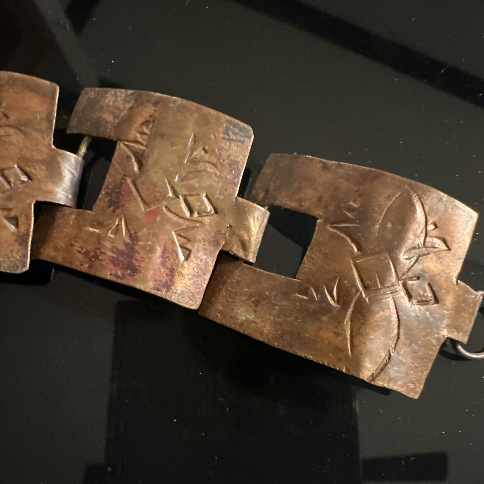 Vintage Native American Thunderbird Copper Panel Link Bracelet Hook Closure