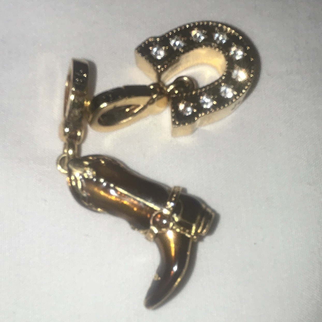 Gold Tone Western Boot & Horseshoe Dangle Charm Crystal Lobster Clasp