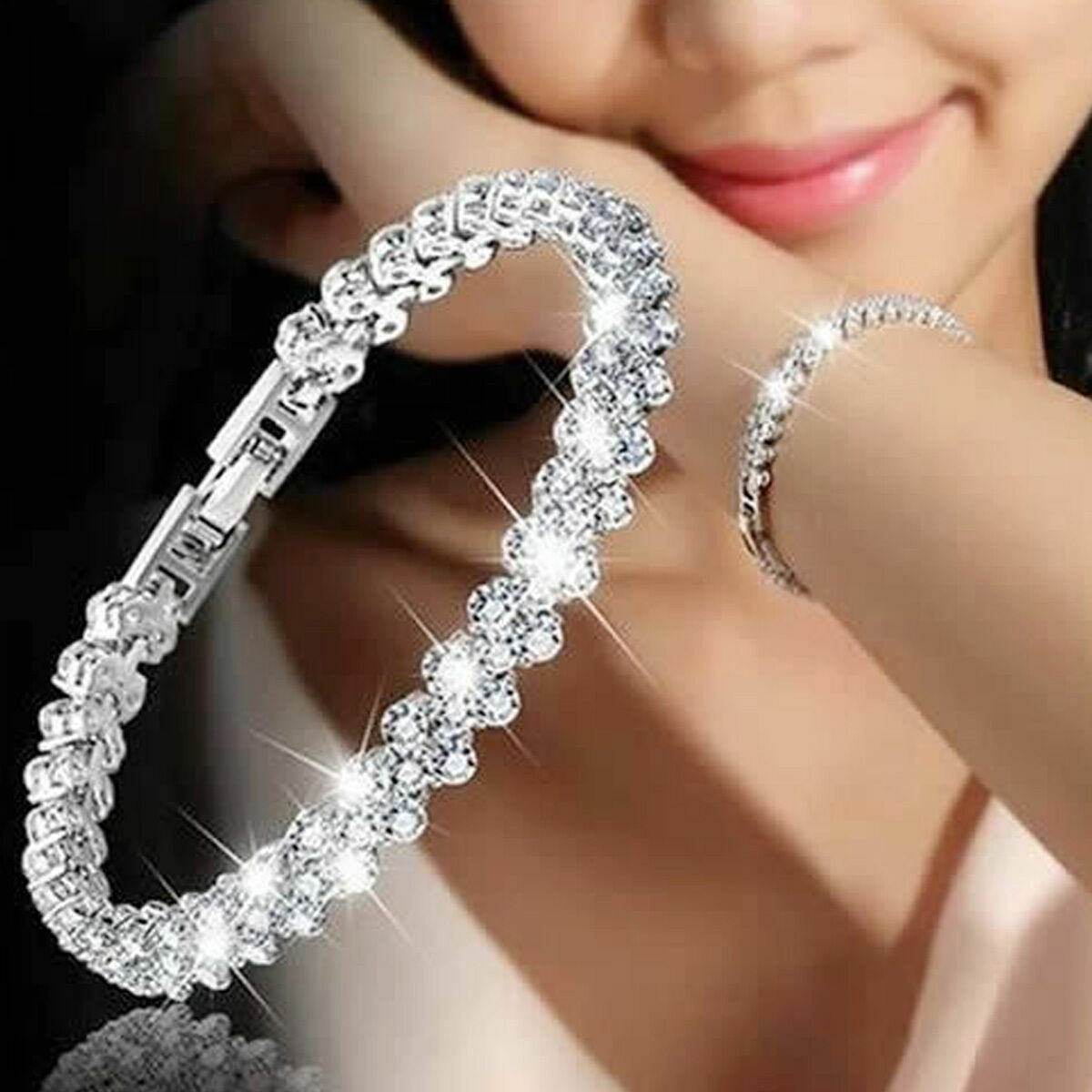Women Fashion Roman Chain Clear Zircon Crystal Bangle Rhinestone Bracelet Gift