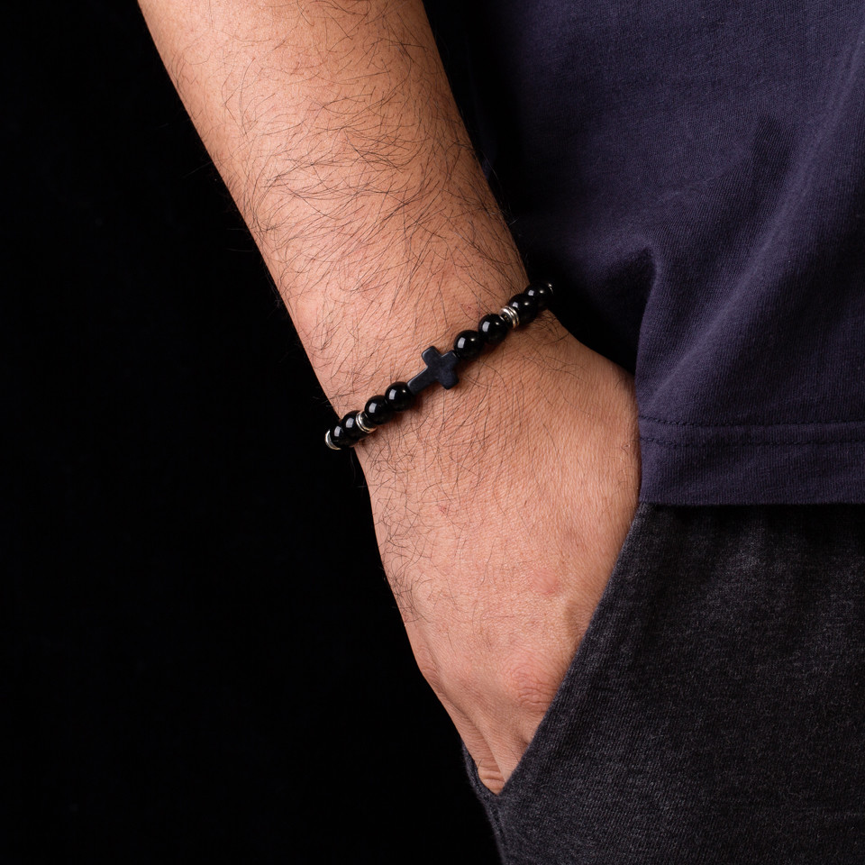 8mm Nature Stone Black Lava Stone Bead Cross Charm Bracelet Bangles For Men Male