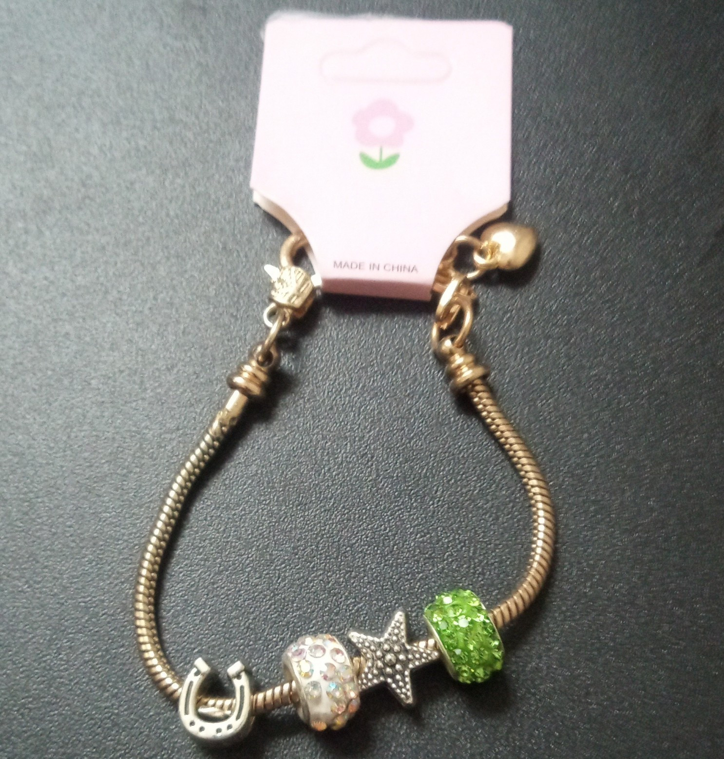 Snake Chain Charm Bracelet w/ Green Rhinestone Beads, Star Horseshoe, Lobster