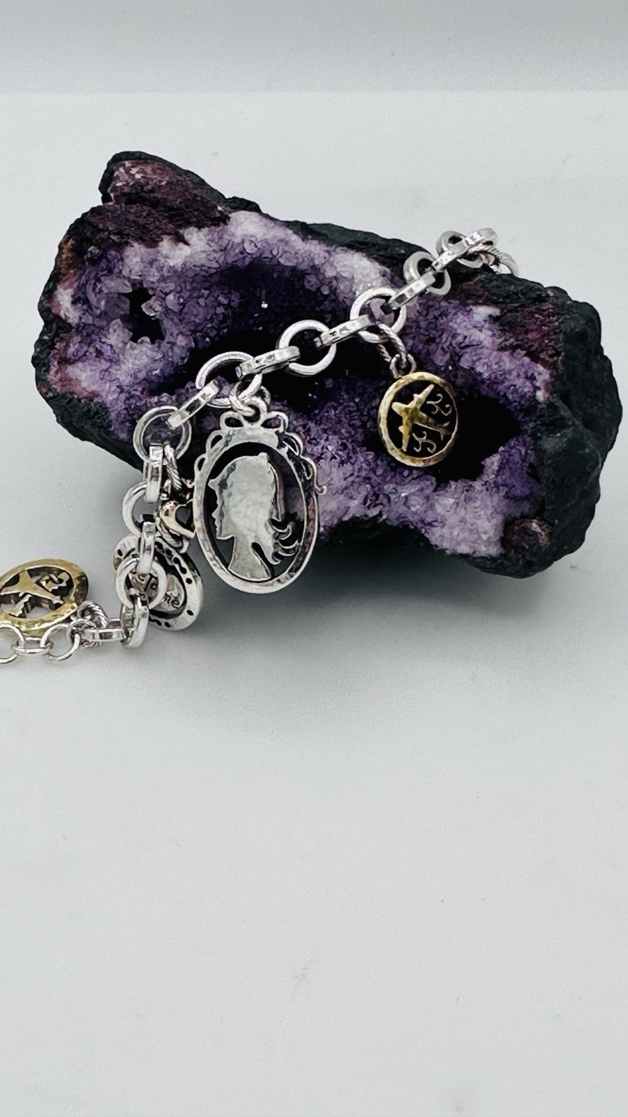 Brighton Paris Love Charm Bracelet Two Tone Heart Rose Cat Retired