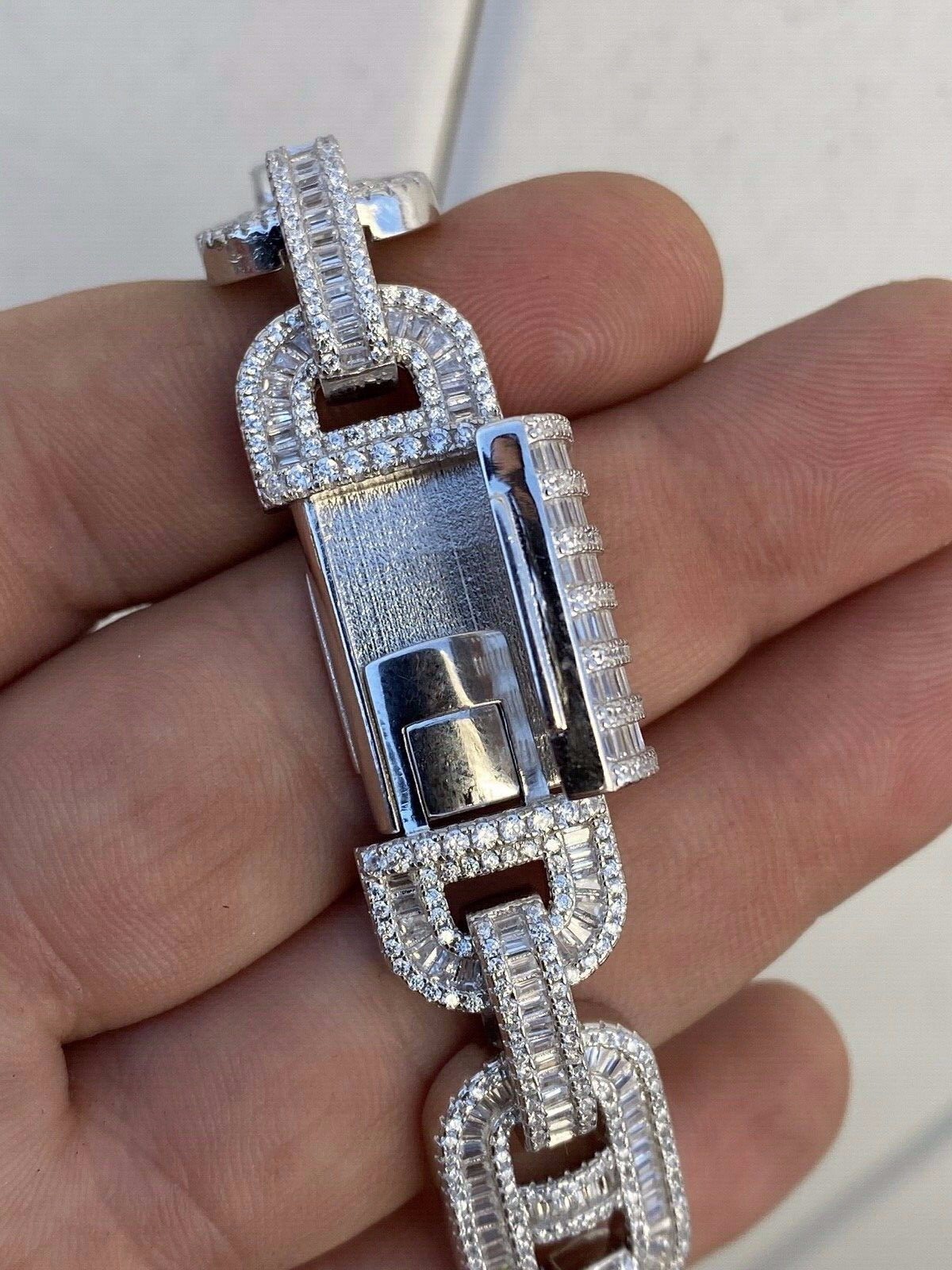 Men’s Solid 925 Silver Baguette Gucci Link Bracelet CZ Thick Flooded Out 15mm