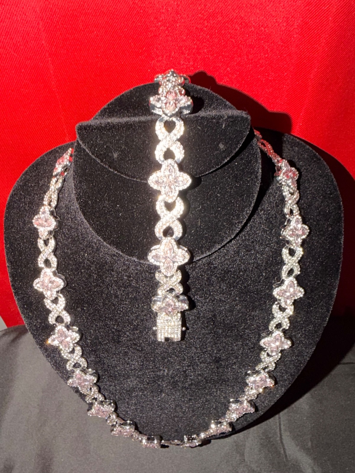 Synthetic Gemstone 5A Cz Clover Chain and bracelet Sliver plated pink stone