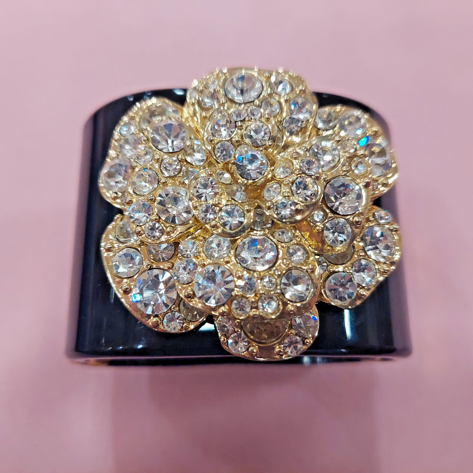 Black and Gold Crystal Flower Resin Cuff Bracelet