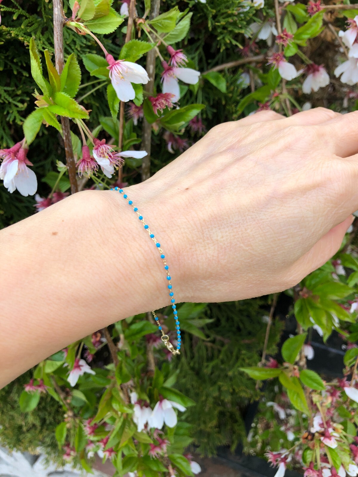 925 Sterling Silver Gold Blue Bead Beaded Bracelet Dainty Bead 1mm 6.5-7.75″
