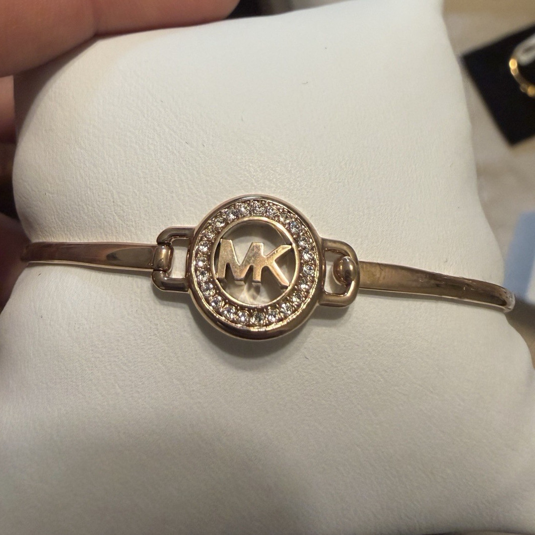 Michael Kors Rose Gold Tone MK Logo Pavé Crystal Hinged Bangle Bracelet Signed