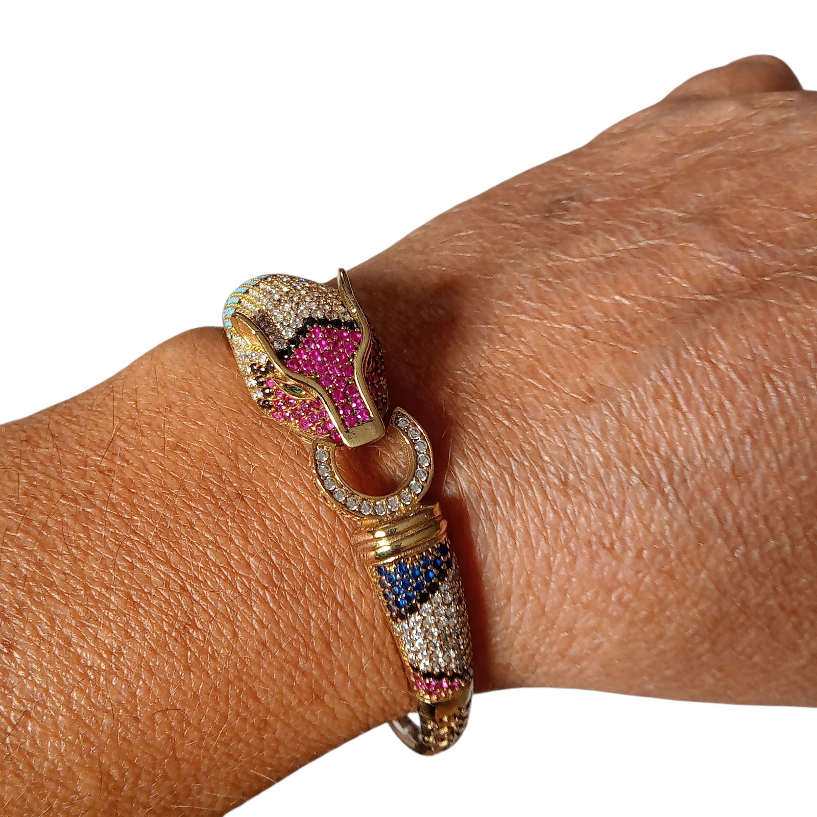925 Sterling Silver and Bronze Turkish Handmade Turquoise Ruby Cat Cuff Bracelet