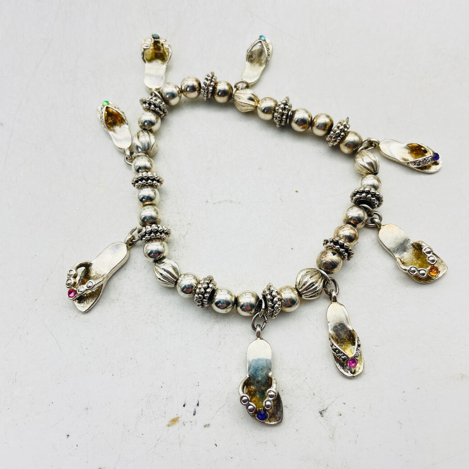 Charm Bracelet Lot of 2 Silver Tone Stretch Orange Beads Animals Shoes