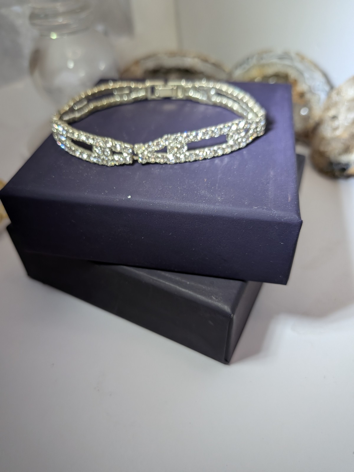 Silver Tone Crystal Rhinestone Pavé Bar Link Tennis Bracelet, Box Clasp