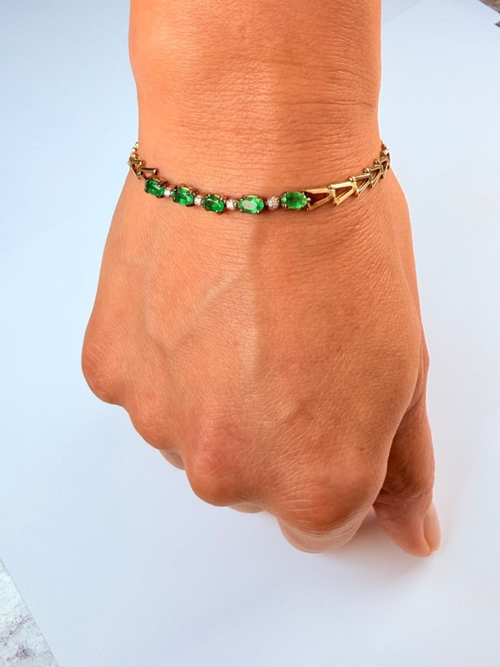 14K Solid Yellow Gold Emerald & Diamond VTG Chevron Arrow Link Tennis Bracelet