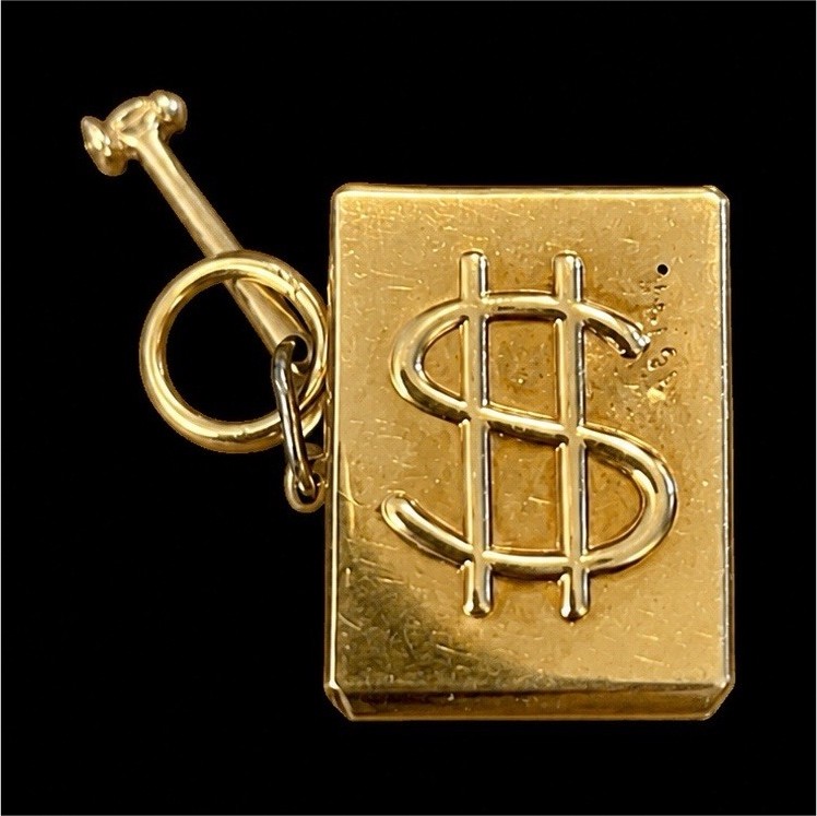 14k Yellow Gold Rectangular Dangle Charm “Mad Money” Dollar Sign Signed No Stone
