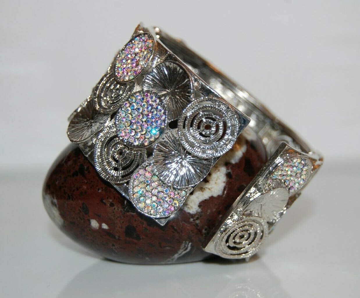 ELEGANT COUTURE SILVER TONE & RAINBOW RHINESTONES MODERN DESIGN LG CUFF BRACELET