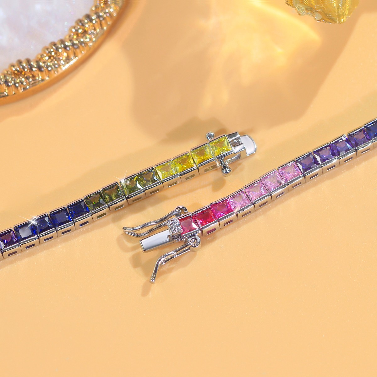 3mm Rainbow Square Cubic Zirconia CZ Tennis Bracelet Women Silver Plated Jewelry