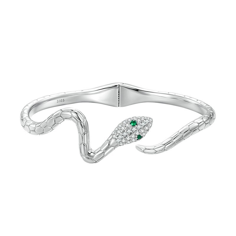 Snake Open Bangle Bracelet Green CZ Crystal Adjustable Cuff Silver Tone Unisex J