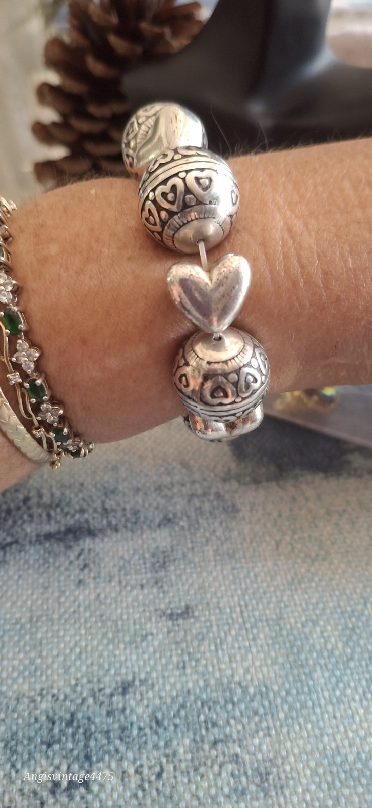 Scroll Design Bracelet Large Chunky Silver Coated Bead & Puffy Hearts Stretches