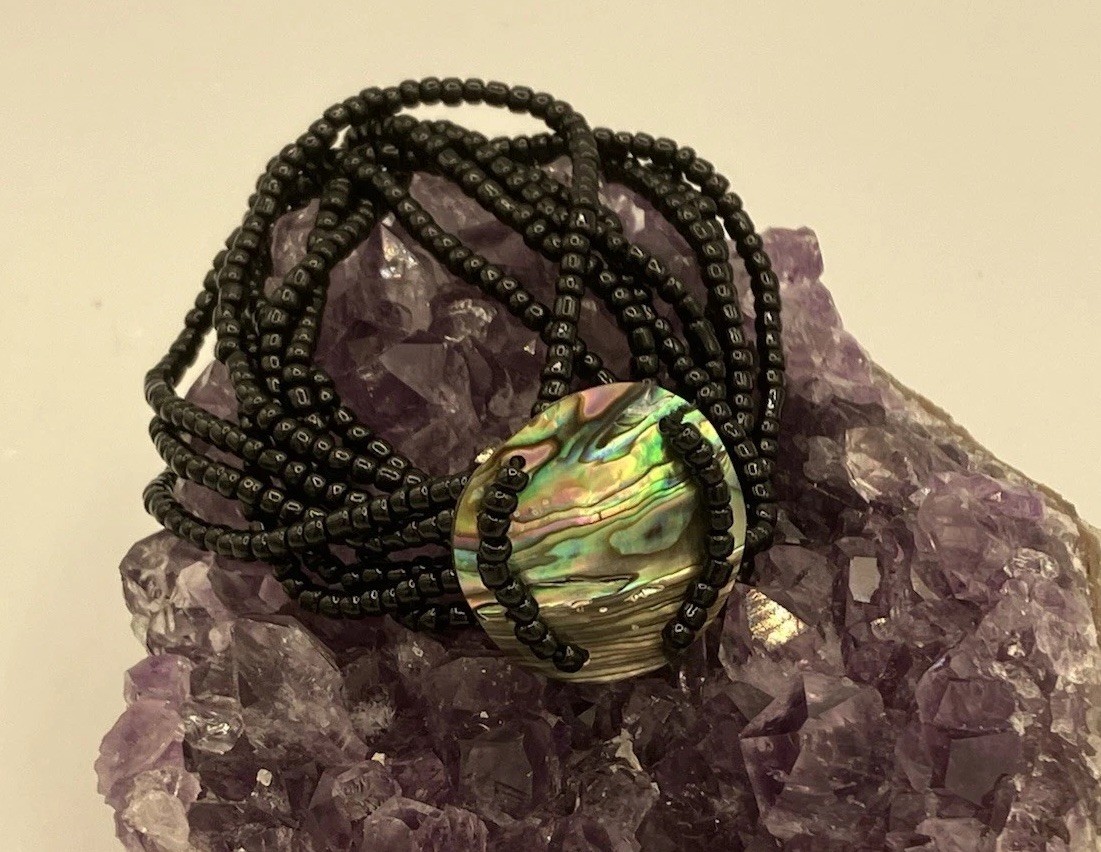 Layered Bracelet Stack Set Black Beaded Abalone Charm Bangle Mixed Style