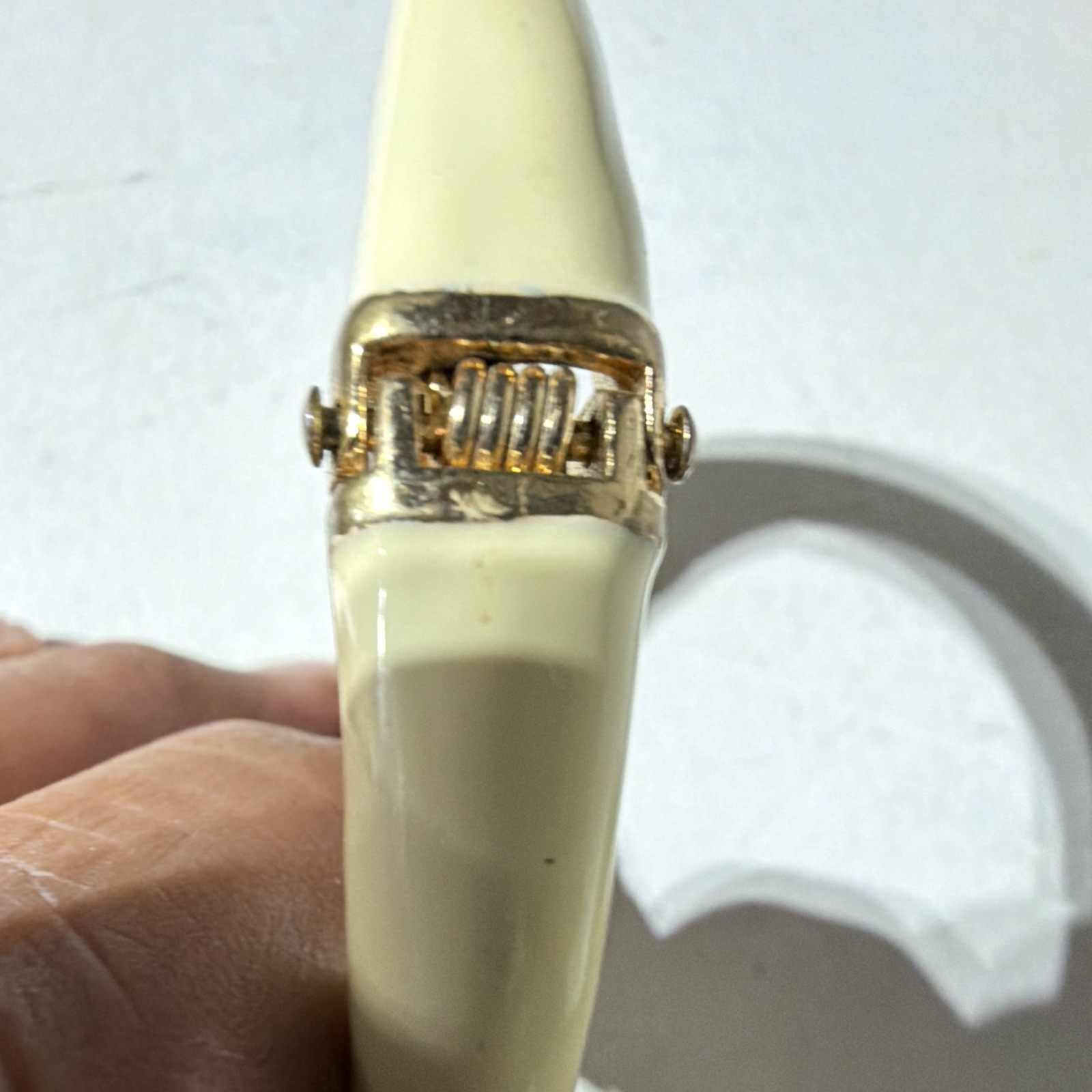 Ivory/Gold Enamel Hinged Bangle Bracelet, Signed