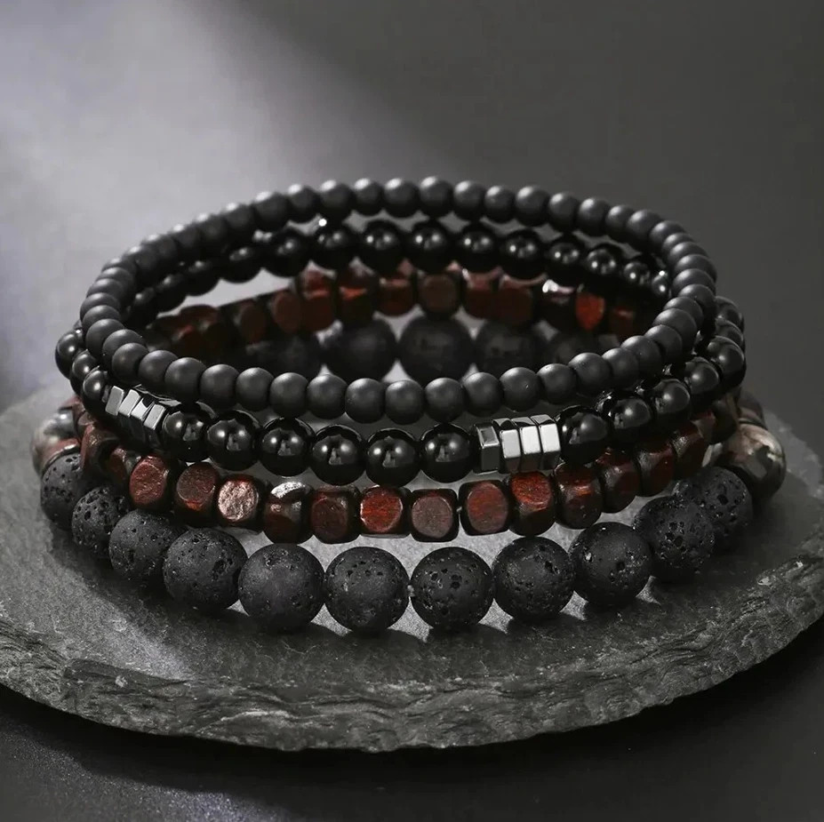 4pcs Black Stone & Wood Bead Elastic Bracelet Set for Men Women