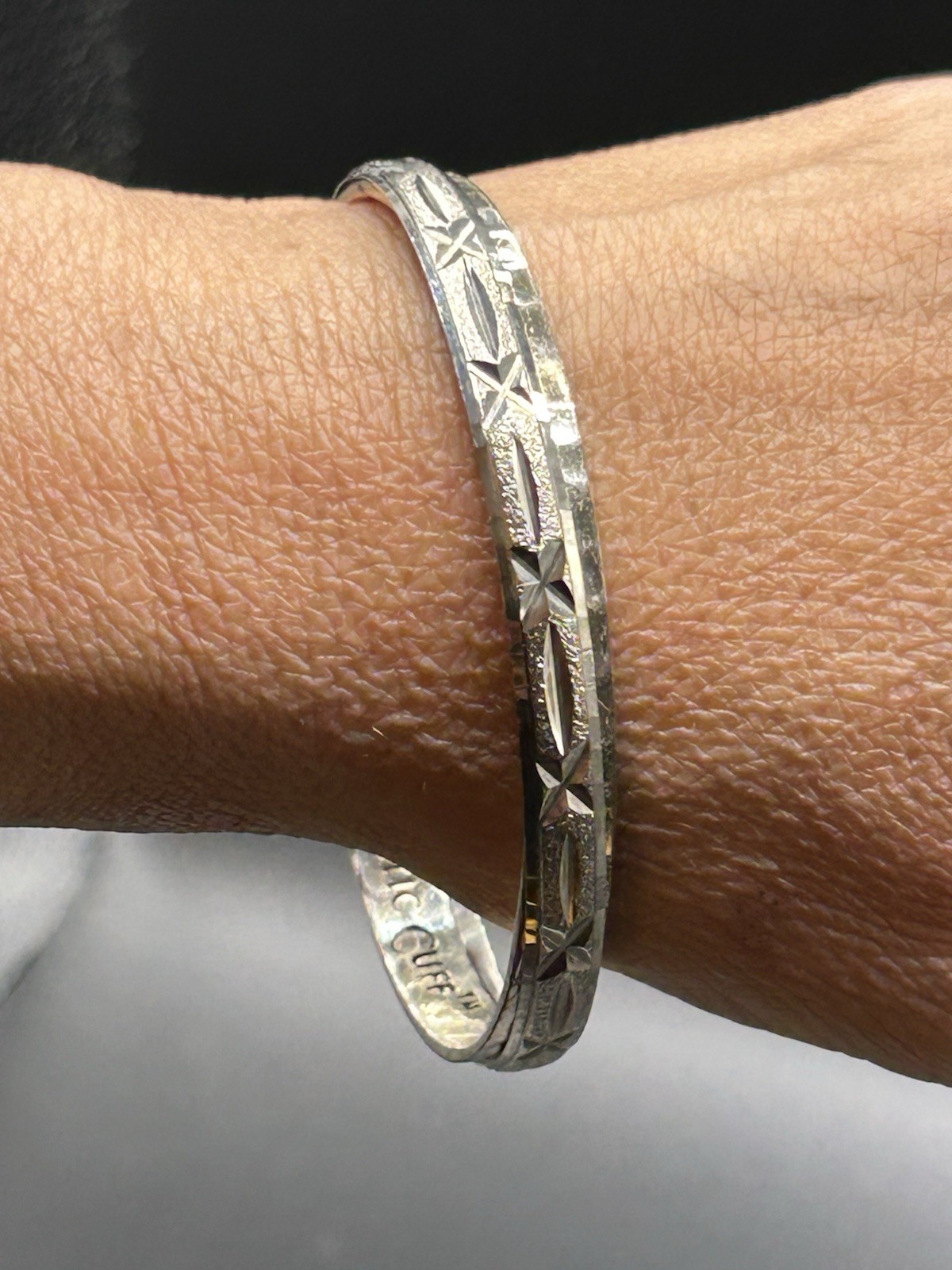 Rustic Cuff Silver Tone Star Pattern Bangle Bracelet Signed