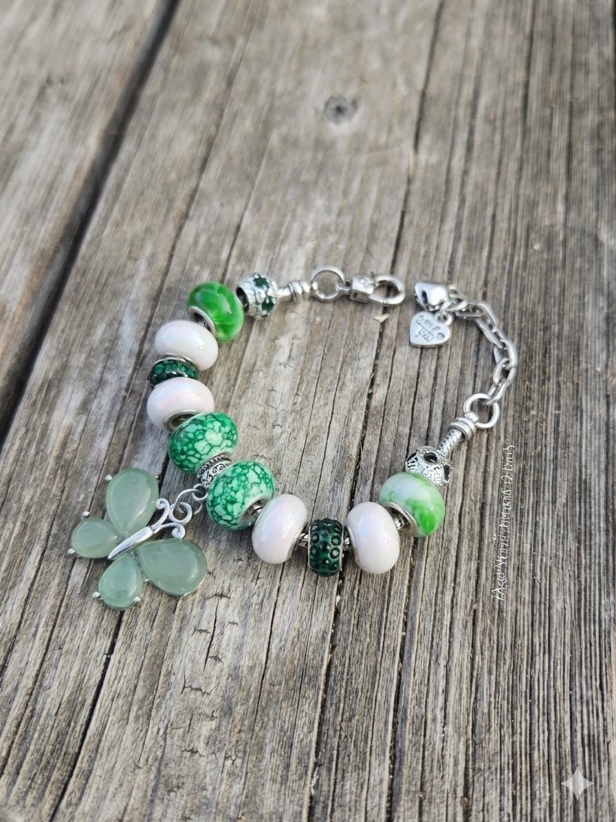 Green & White Beaded Charm Bracelet with Butterfly Dangle, Lobster Clasp