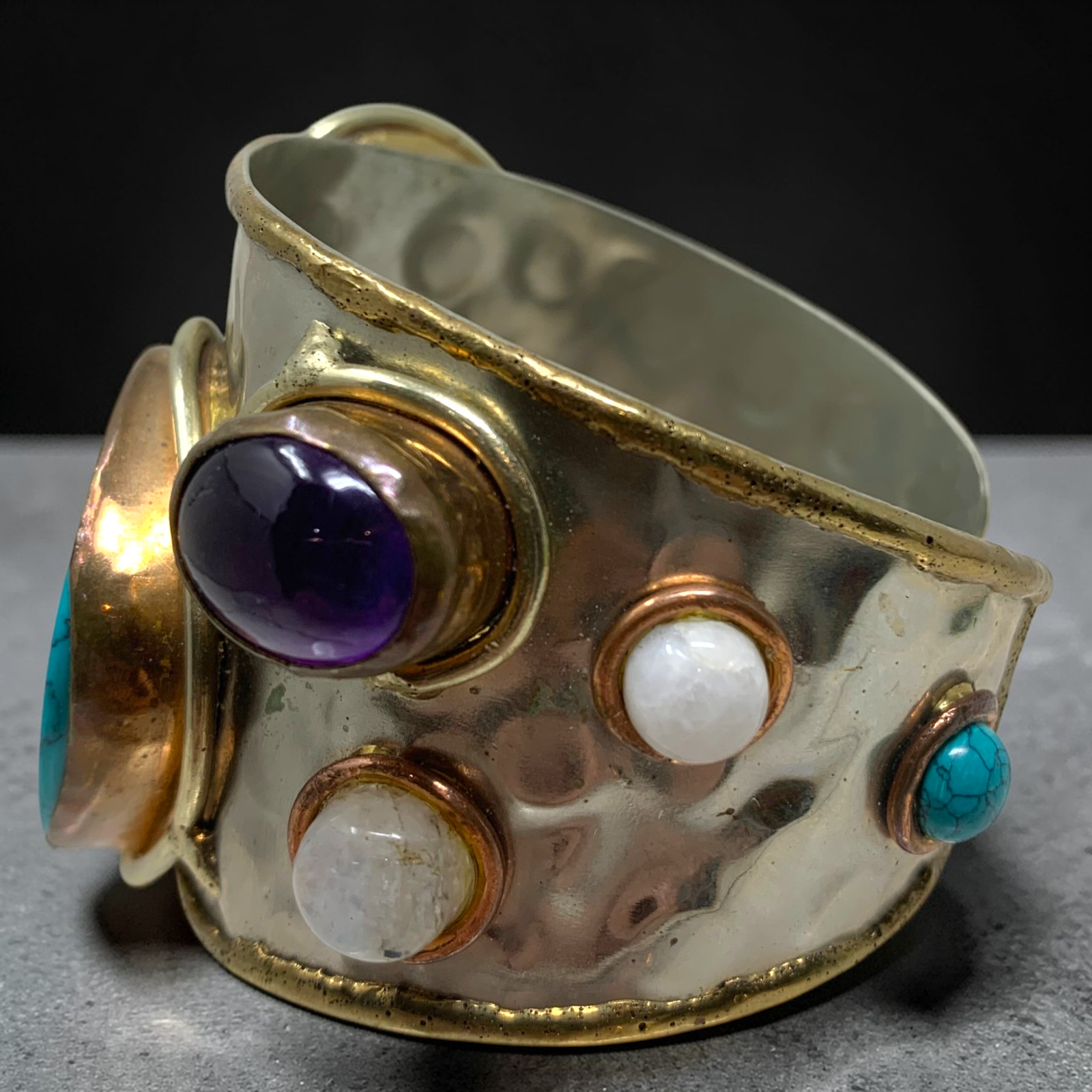 Vintage Artisan Natural Stone Chunky Wide Cuff Bracelet Art to Wear Statement