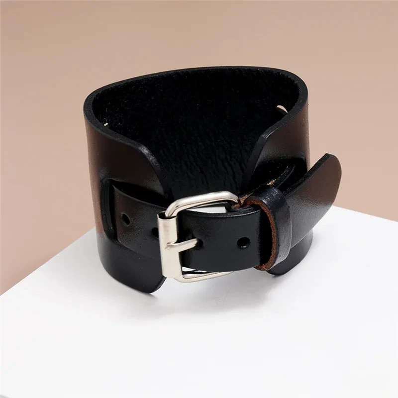 **Men’s Punk Vintage Genuine Leather Bracelet – Wide Brown Black Cuff Wristband