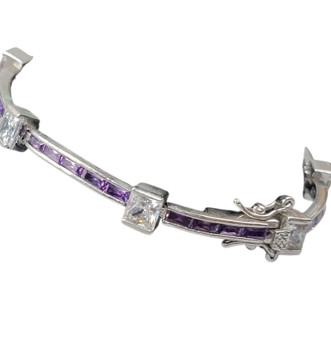 Purple & Clear Cubic Zirconia 10kgp Bracelet SZ 6.5 White Gold Plated