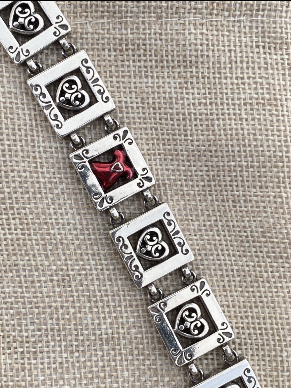 Brighton Go-Red Square Link Bracelet w/Hearts & Red Dress Silver Plated