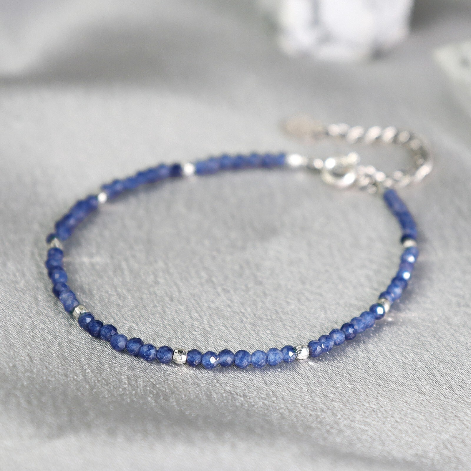 Minimalist Women Bracelet Sapphire 2mm Bead Healing Crystal Elegant Jewelry Gift