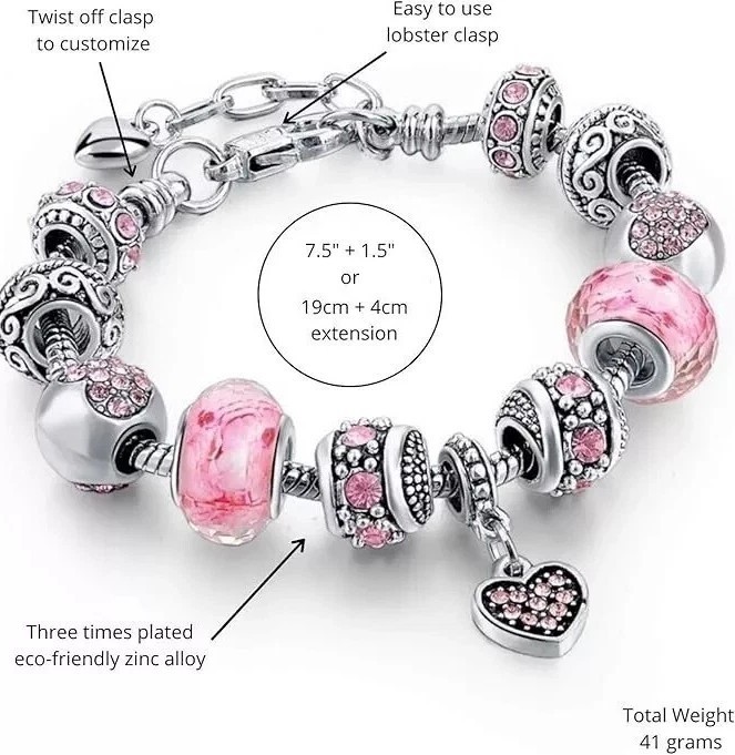 Silver Heart Crystal Charm Bracelet European Style Love Bead Snake Chain Gift