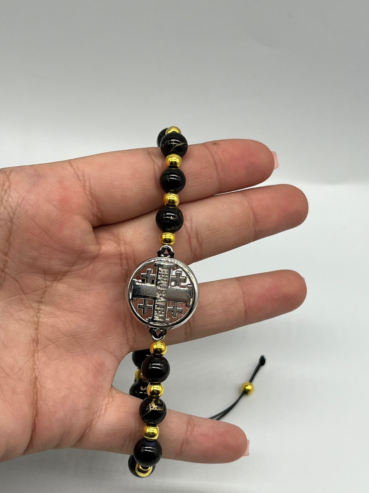 Jerusalem Cross Black Beads Bracelet Catholicism Brass Plated