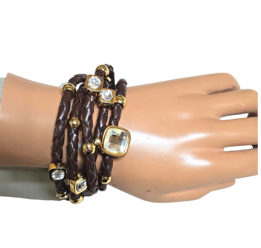 Women’s Trendy Brown Faux Leather Multi Layered Resin Gold Plated Bracelet