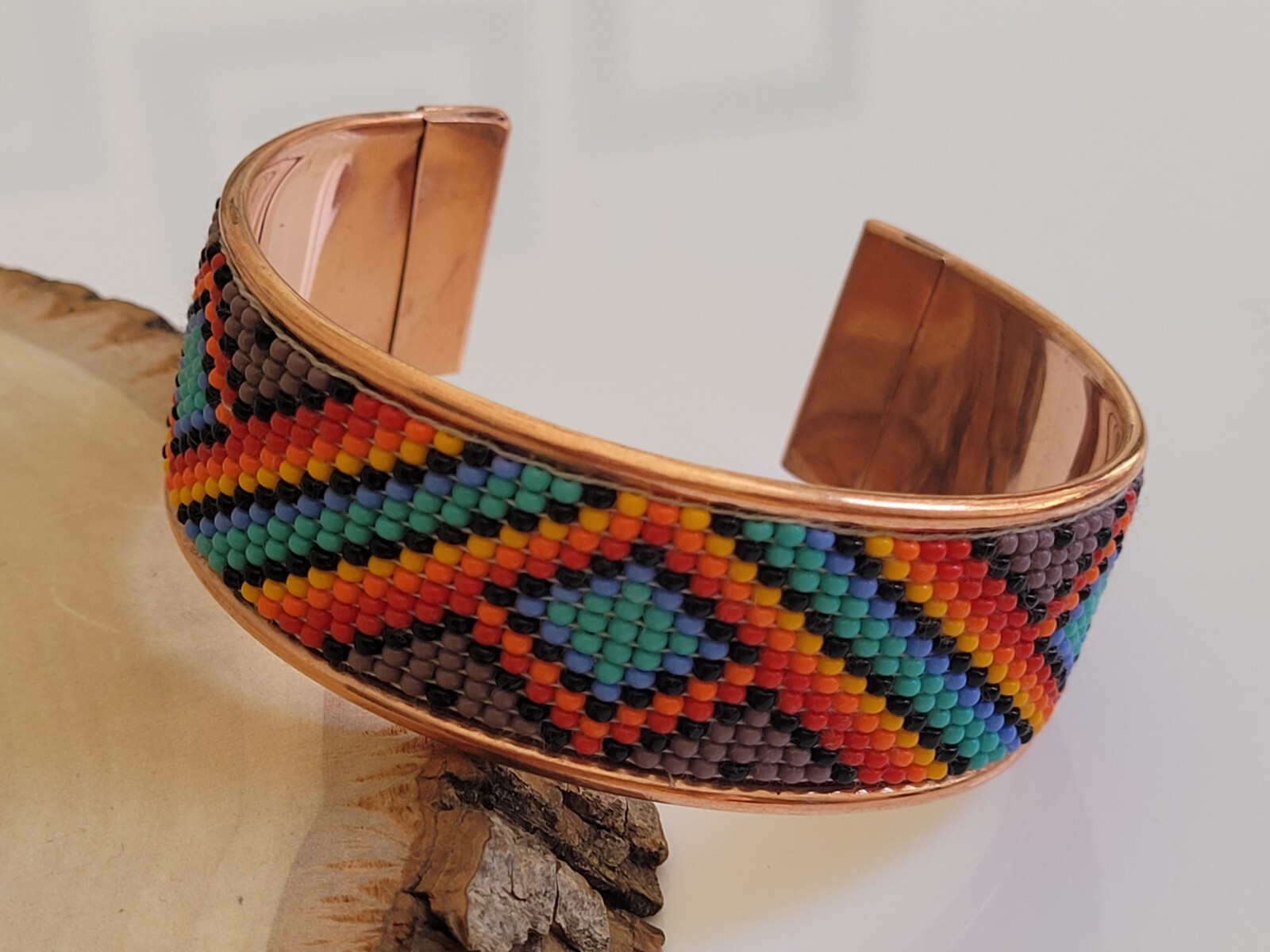 Native American Style Copper Seed Beaded Adjustable Bracelet Cuff Colorful