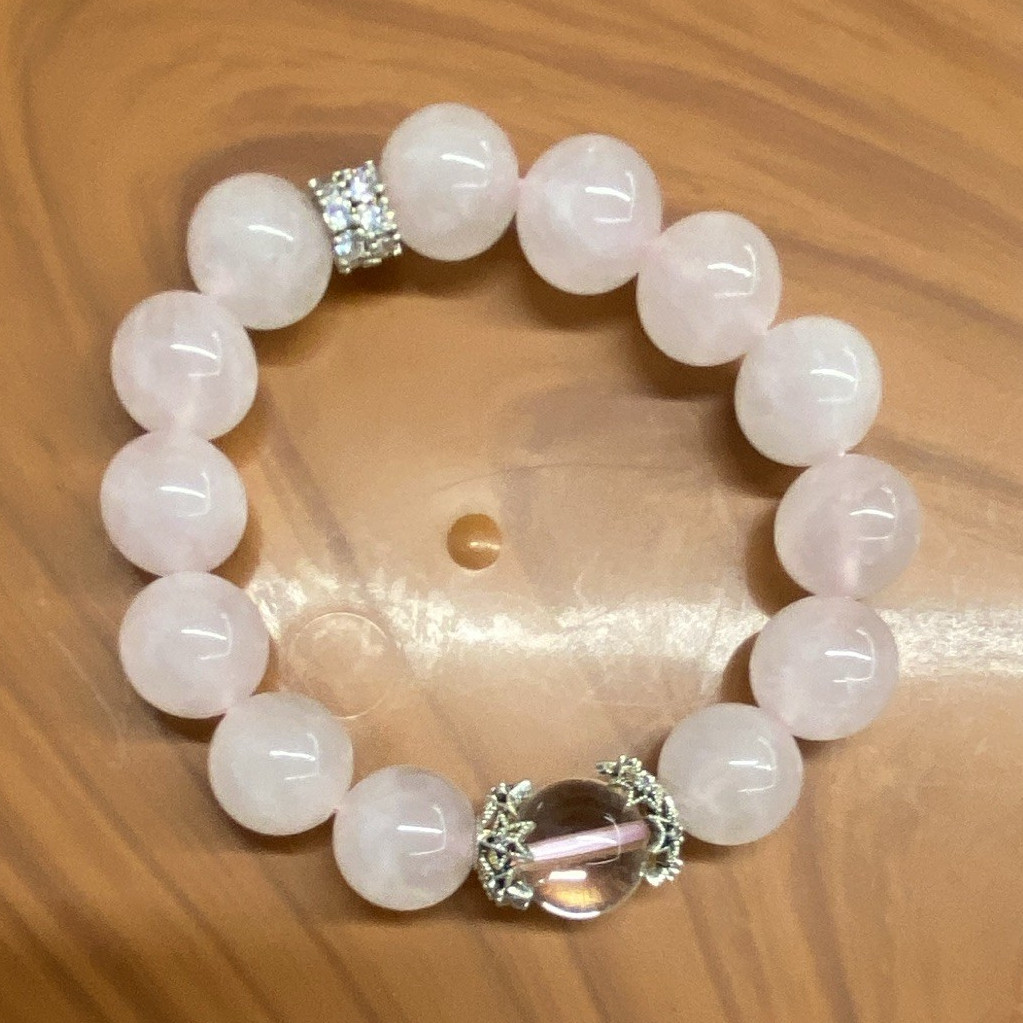 Pink Quartz Round Beaded Stretch Bracelet with Rhinestone Spacers, Clear Oval