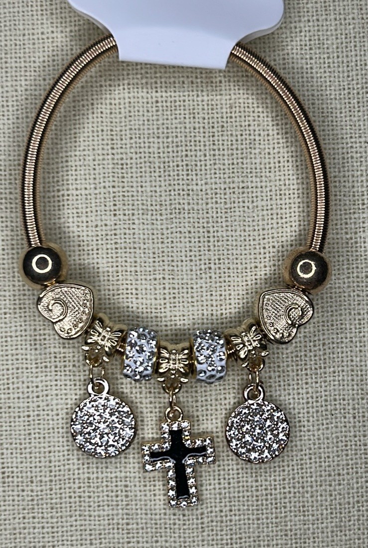 Bellezza Signed Stackable Gold/Silver Tone Bangle Charm Bracelet Cross Crystal