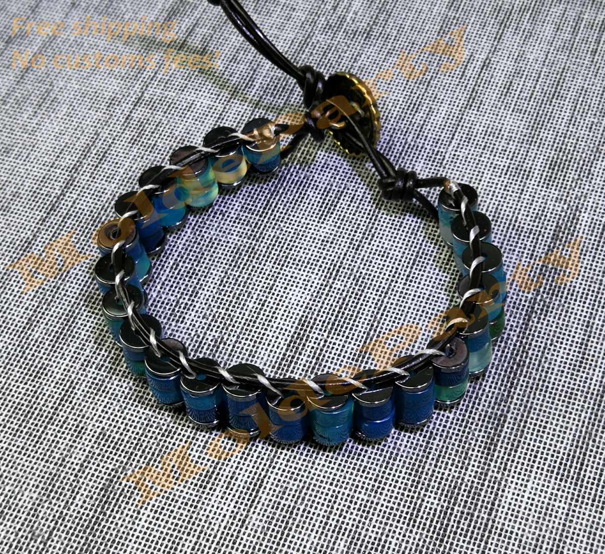 Handmade Natural Gemstone Blue Agate Beaded Leather Bracelet Healing Reiki Gift