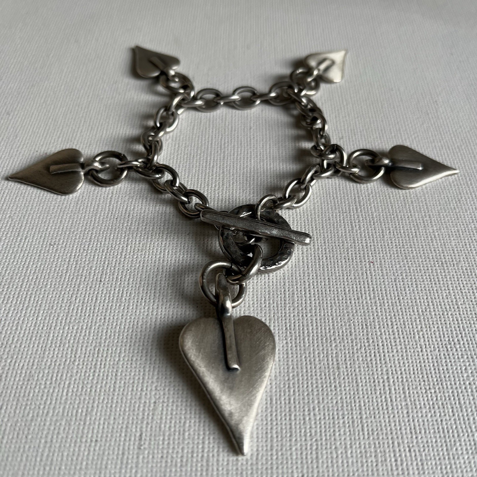 Danon Signature Hearts Bracelet T Bar Fastening Silver Plated Pewter 7.5in Long