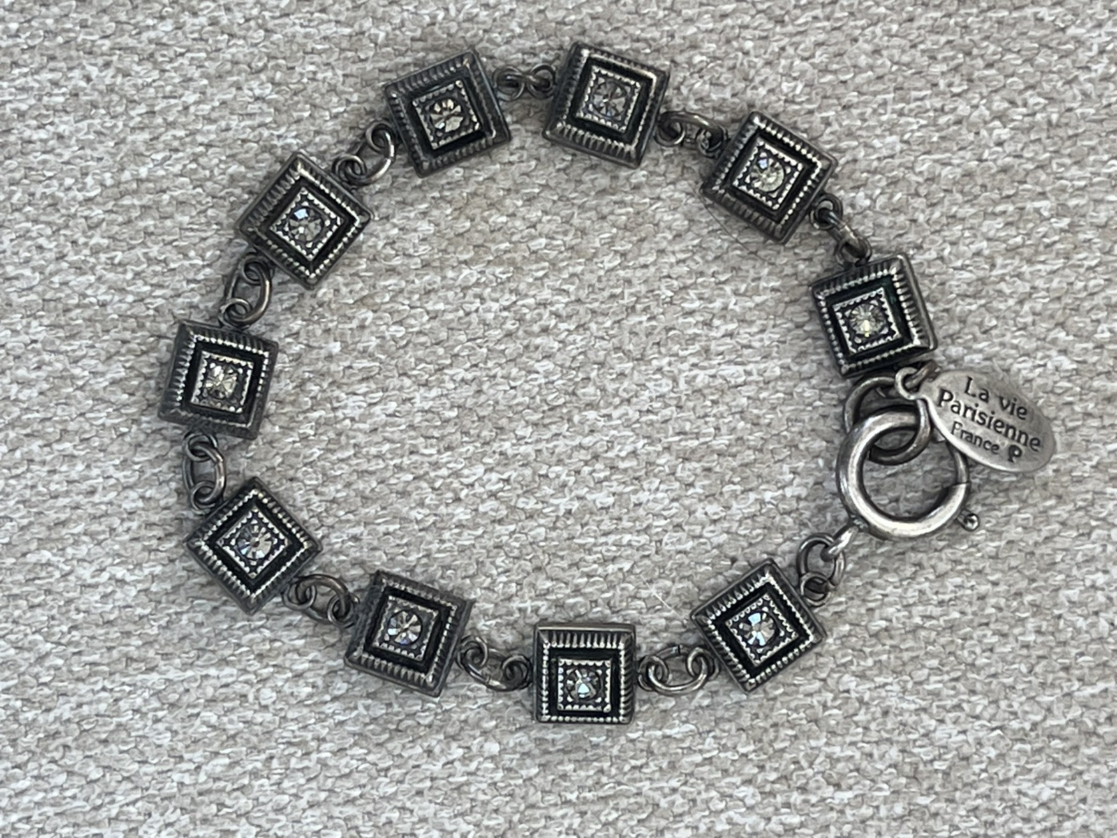 La Vie Parisienne France 7″ Silver Tone & Diamond Square Link Bracelet