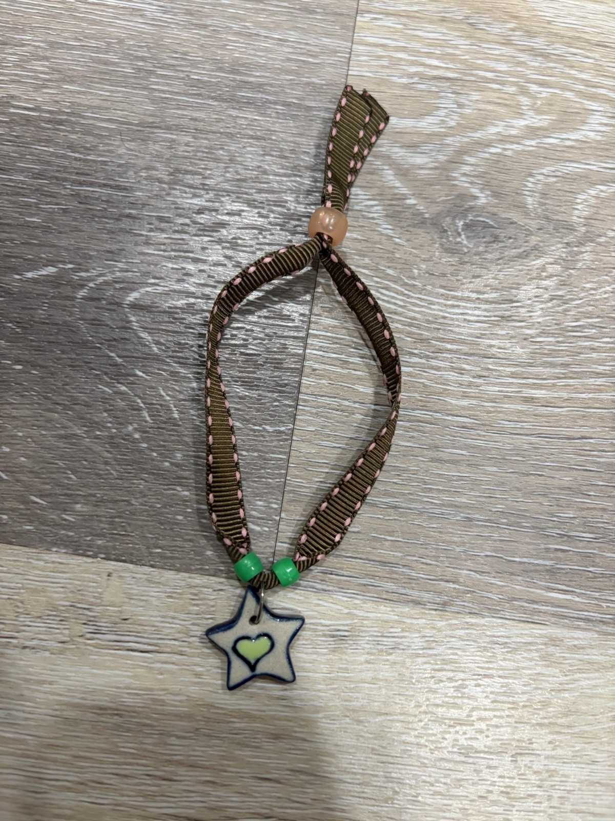 Brown Bracelet w/ Star & Heart Theme, Green/White