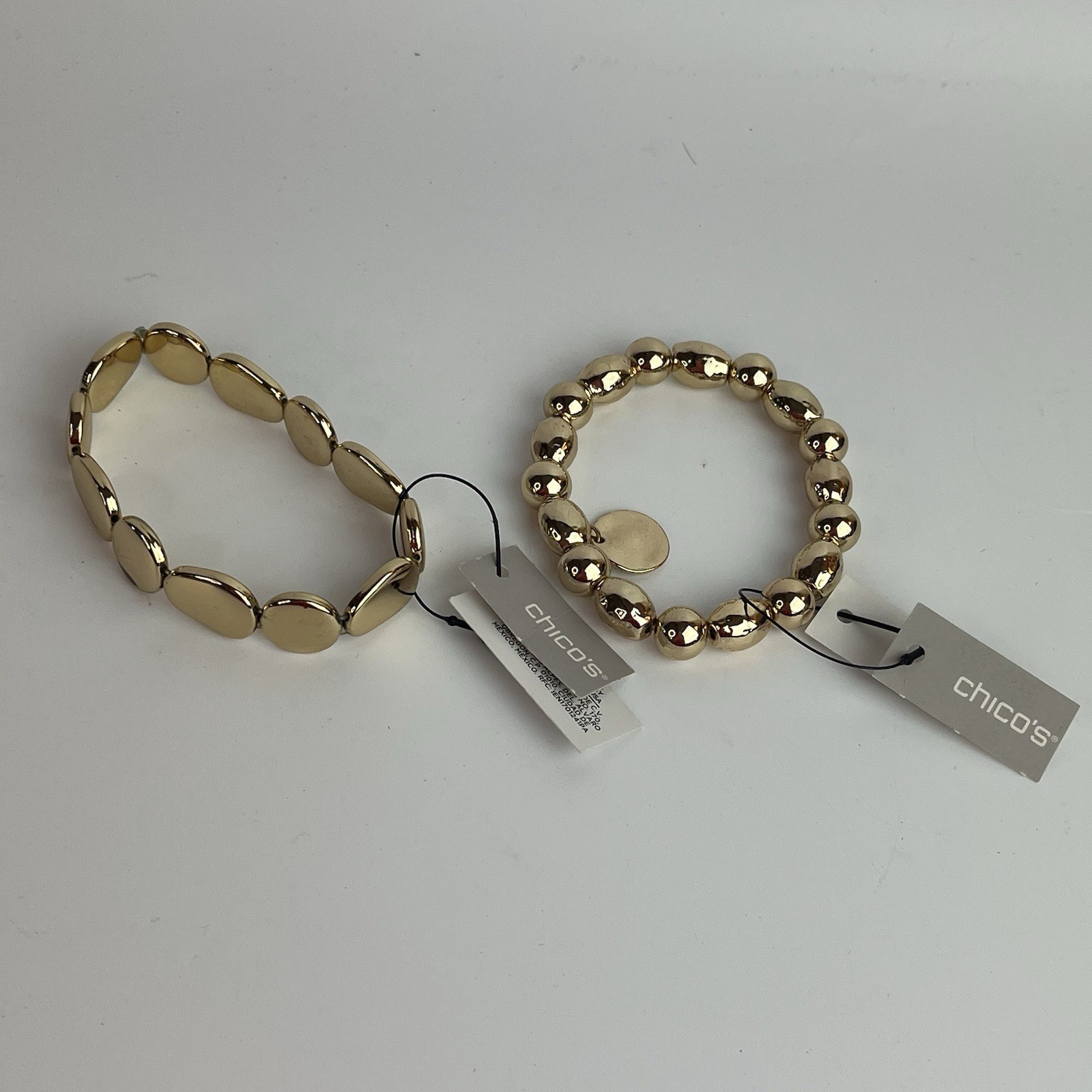 Chico’s NWT Set Of 2 Gold Tone Shiny Stretch Beaded Bracelets Weighted Smooth