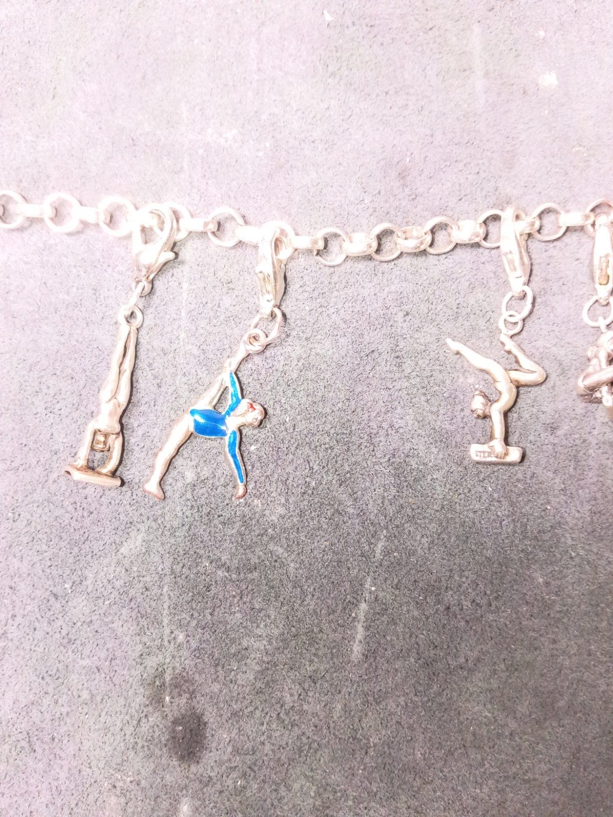 Gymnast Dangle Charm Cable Chain Bracelet w/ Lobster Clasp Marked 925 Sterling