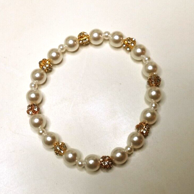 NEW PEARL BRACELET GOLD TONE WHITE/COLORLESS RHINESTONE BEADED STRETCH