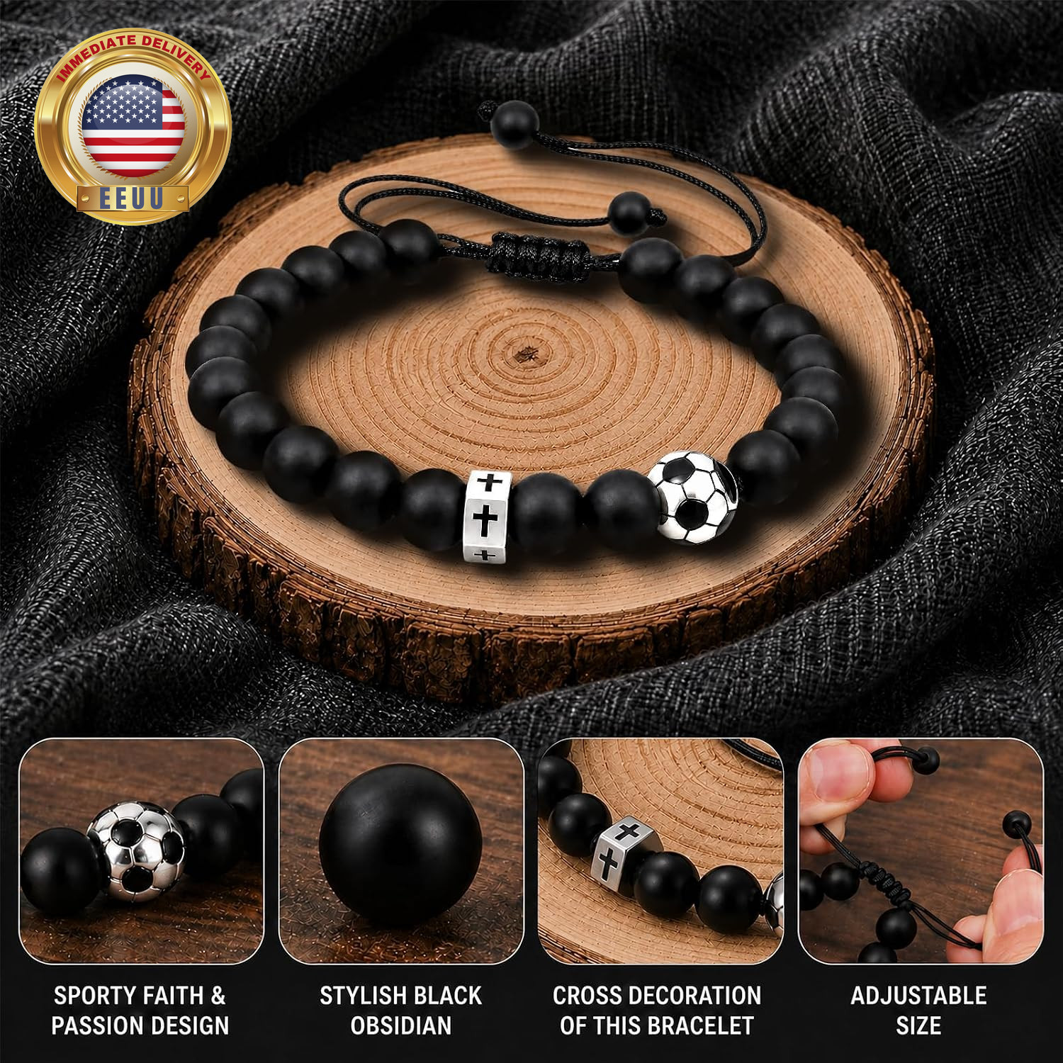 Soccer Cross Beaded Bracelet for Men Boys, Adjustable Black Obsidian & Nylon Cor