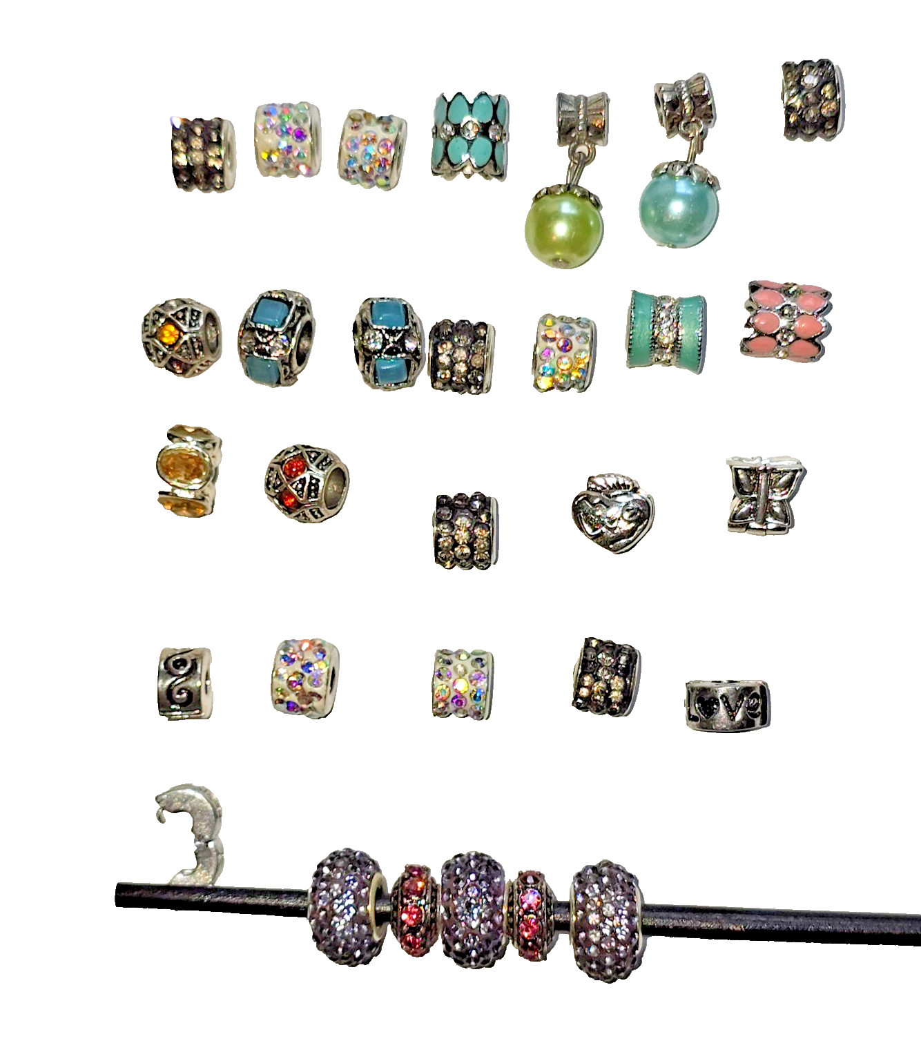 Lot of 28 European Charm Beads Dangle Rhinestone Enamel Silver Tone Bracelet Mix